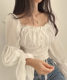 フリルリボンスリーブブラウス シースルーボリュームトップス