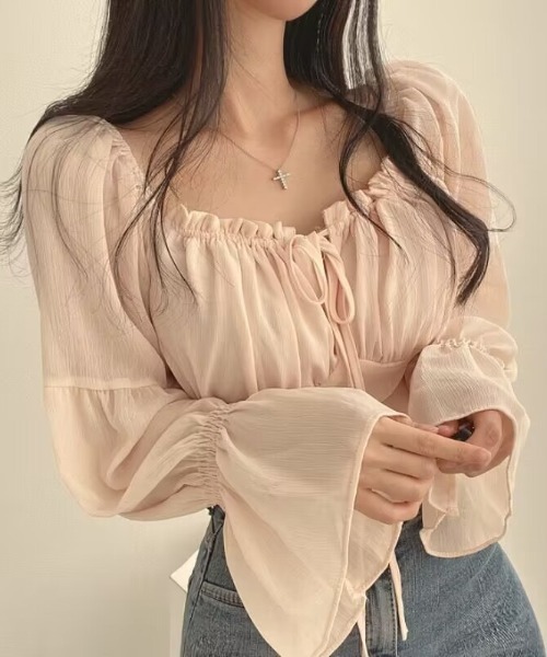 NoBelle(ノベル)の「フリルリボンスリーブブラウス シースルーボリュームトップス(シャツ/ブラウス・レディース・ピンク/ホワイト・M/S)」の1枚目の写真