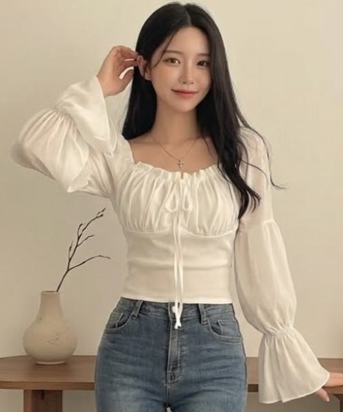 NoBelle(ノベル)の「フリルリボンスリーブブラウス シースルーボリュームトップス(シャツ/ブラウス・レディース・ピンク/ホワイト・M/S)」の9枚目の写真