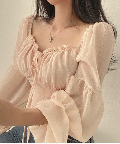 NoBelle(ノベル)の「フリルリボンスリーブブラウス シースルーボリュームトップス(シャツ/ブラウス・レディース・ピンク/ホワイト・M/S)」の10枚目の写真