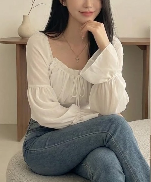 NoBelle(ノベル)の「フリルリボンスリーブブラウス シースルーボリュームトップス(シャツ/ブラウス・レディース・ピンク/ホワイト・M/S)」の6枚目の写真