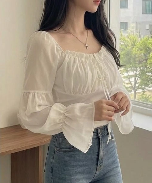 NoBelle(ノベル)の「フリルリボンスリーブブラウス シースルーボリュームトップス(シャツ/ブラウス・レディース・ピンク/ホワイト・M/S)」の7枚目の写真