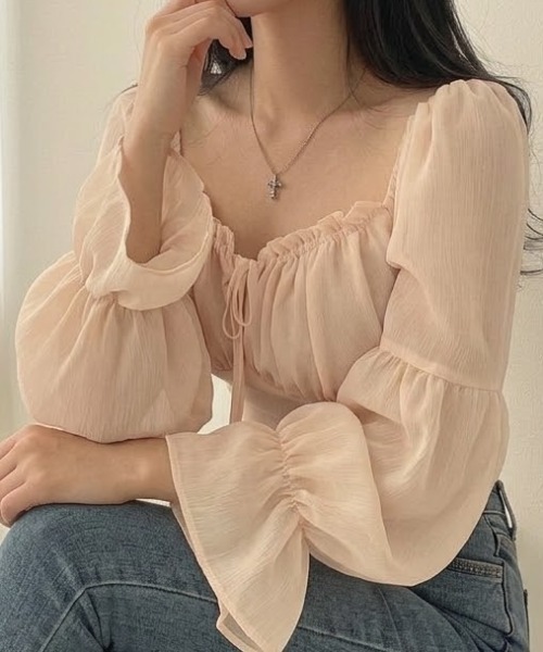 NoBelle(ノベル)の「フリルリボンスリーブブラウス シースルーボリュームトップス(シャツ/ブラウス・レディース・ピンク/ホワイト・M/S)」の11枚目の写真