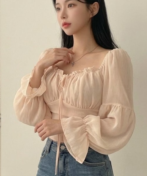 NoBelle(ノベル)の「フリルリボンスリーブブラウス シースルーボリュームトップス(シャツ/ブラウス・レディース・ピンク/ホワイト・M/S)」の3枚目の写真