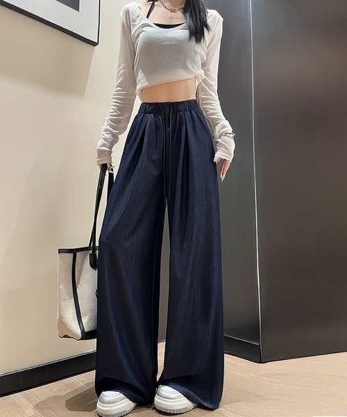 DAY CLOSET(デイ クローゼット)の「【接触冷感/ゴム&紐調節可/大きいサイズ有】ゆるっとイージー。デニムプリント調 ワイドパンツ レディース(その他パンツ・レディース・ブラック/ネイビー・XL/L/M/S)」の7枚目の写真