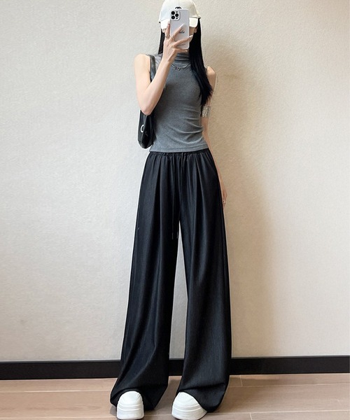 DAY CLOSET(デイ クローゼット)の「【接触冷感/ゴム&紐調節可/大きいサイズ有】ゆるっとイージー。デニムプリント調 ワイドパンツ レディース(その他パンツ・レディース・ブラック/ネイビー・XL/L/M/S)」の5枚目の写真