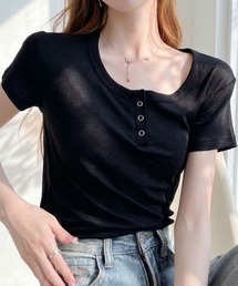 リングドットボタン付き ショート丈ヘンリーネック 半袖Tシャツ