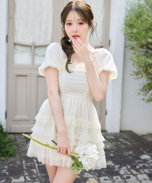 【完売品】Tulle drape mini onepiece ホワイト Tulle Collection】ティアードミニワンピース（ワンピース）｜one