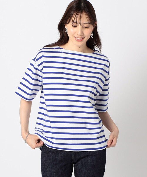 Grand PARK(グランドパーク)の「日本製デラヴェ天竺 半袖Tシャツ ボーダー/シーズンカラー(Tシャツ/カットソー・レディース・ブルー/サックスブルー/イエロー・FREE)」の1枚目の写真