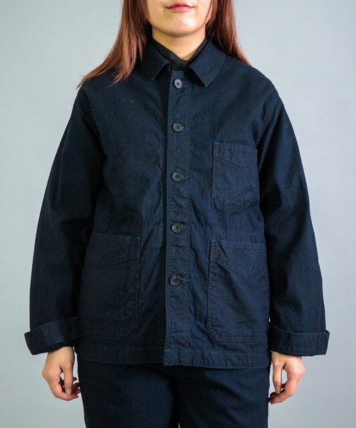 【ひとみ】コットンハウスアヤ　デニムジャケット　フード付き　インディゴ OMNIGOD womens / オムニゴッド] インディゴダック フレンチワーク