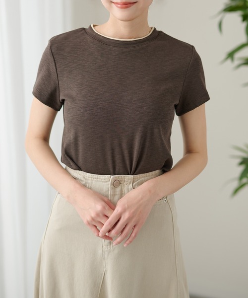 DAYRA(デイラ)の「配色 ライン クルーネック 半袖 トップス(Tシャツ/カットソー・レディース・モカ/チャコールグレー/グレー/ブラック/ホワイト・FREE)」の5枚目の写真