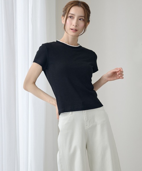 DAYRA(デイラ)の「配色 ライン クルーネック 半袖 トップス(Tシャツ/カットソー・レディース・モカ/チャコールグレー/グレー/ブラック/ホワイト・FREE)」の7枚目の写真