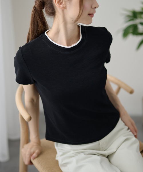 DAYRA(デイラ)の「配色 ライン クルーネック 半袖 トップス(Tシャツ/カットソー・レディース・モカ/チャコールグレー/グレー/ブラック/ホワイト・FREE)」の9枚目の写真