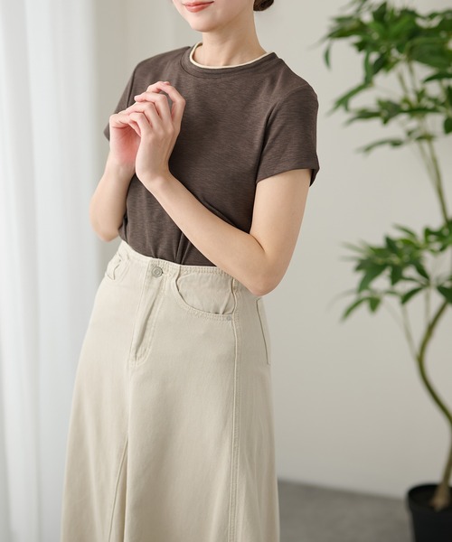 DAYRA(デイラ)の「配色 ライン クルーネック 半袖 トップス(Tシャツ/カットソー・レディース・モカ/チャコールグレー/グレー/ブラック/ホワイト・FREE)」の16枚目の写真