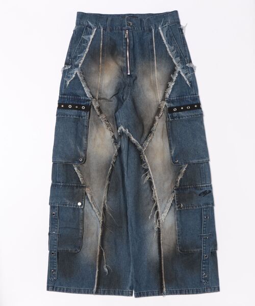 BENDER TOKYO(ベンダートウキョウ)の「【P.N UNDERGROUND】グランジ デストロイ加工 フリンジ ワイドカーゴパンツ / デニム カモツイル(デニムパンツ・メンズ・カモフラージュ/ブルー/ブラック・M/L)」の3枚目の写真