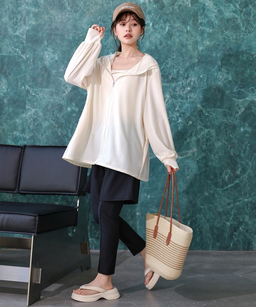 TeddyShop(テディショップ)の「【UVカット率99.9%以上/水着5点セット/大きいサイズ有】長袖ティアードフリルジップアップラッシュガード+サイドタックギャザータンキニ+ショートパンツ+レギンス レディース水着(水着・レディース・アイボリー/ブラック/ベージュ/モカ・LL/L/M/S)」の14枚目の写真