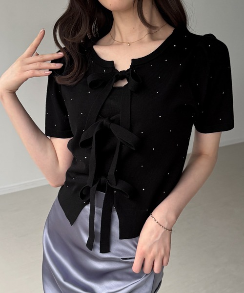 junoah(ジュノア)の「前後2wayラインストーンリボンニット(ニット/セーター・レディース・アイボリー/ブラック/ホワイト・MEDIUM/LARGE)」の4枚目の写真