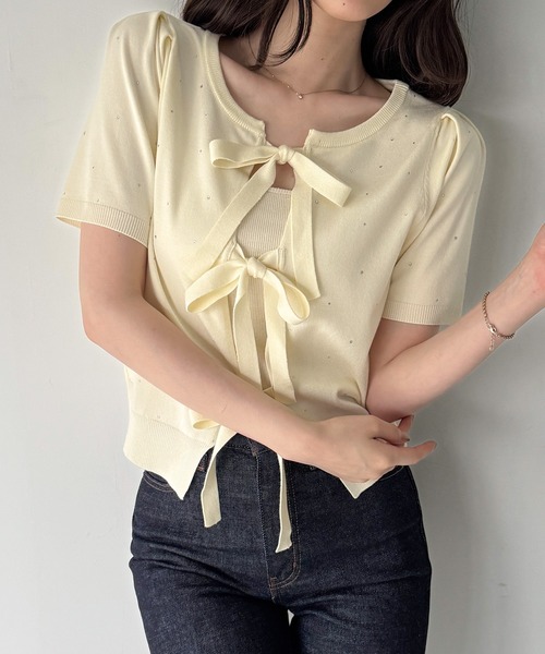 junoah(ジュノア)の「前後2wayラインストーンリボンニット(ニット/セーター・レディース・アイボリー/ブラック/ホワイト・MEDIUM/LARGE)」の8枚目の写真