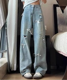 リボンモチーフ付きクラッシュデニムワイドパンツ