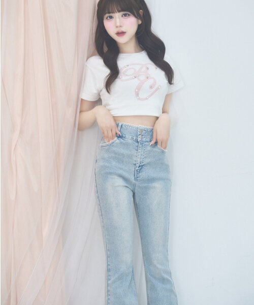 OLIVE des OLIVE(オリーブデオリーブ)の「【Belle Charme】BC Logo Lace Flare Denim(デニムパンツ・レディース・ブラック/サックスブルー/グレー・SMALL/LARGE/MEDIUM)」の3枚目の写真