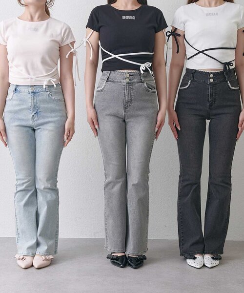 OLIVE des OLIVE(オリーブデオリーブ)の「【Belle Charme】BC Logo Lace Flare Denim(デニムパンツ・レディース・ブラック/サックスブルー/グレー・SMALL/LARGE/MEDIUM)」の6枚目の写真