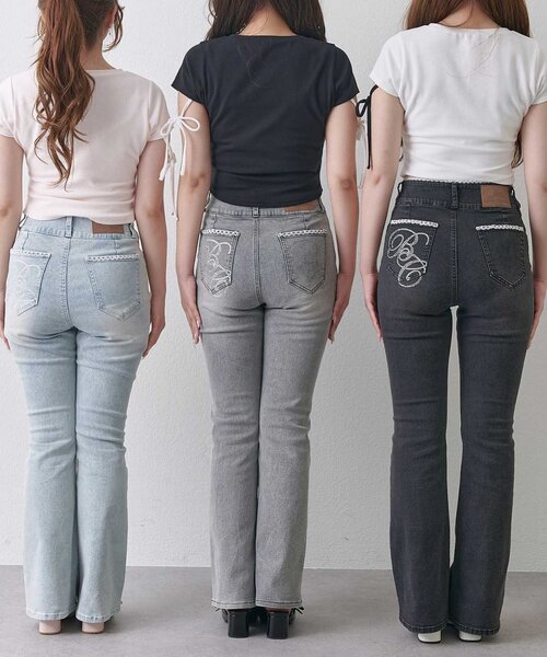 OLIVE des OLIVE(オリーブデオリーブ)の「【Belle Charme】BC Logo Lace Flare Denim(デニムパンツ・レディース・ブラック/サックスブルー/グレー・SMALL/LARGE/MEDIUM)」の4枚目の写真