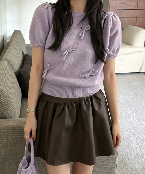 Miniministore(ミニミニストア)の「リボン付きニットトップスクルーネック夏服(ニット/セーター・レディース・グレー/アイボリー/ネイビー/ミント/ラベンダー・FREE)」の5枚目の写真