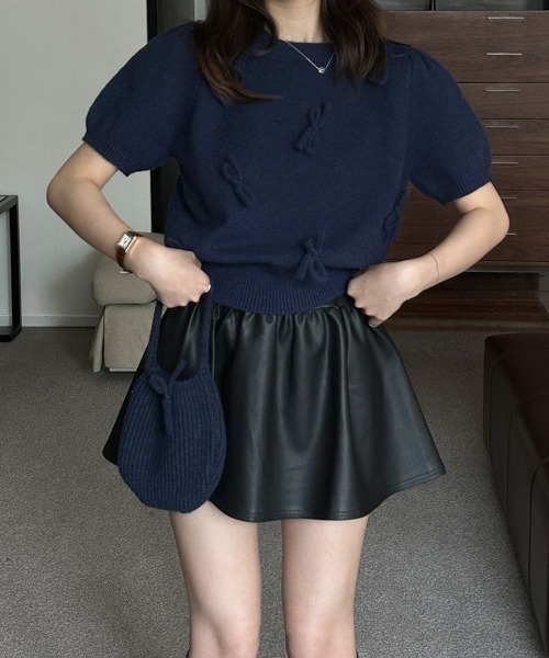 Miniministore(ミニミニストア)の「リボン付きニットトップスクルーネック夏服(ニット/セーター・レディース・グレー/アイボリー/ネイビー/ミント/ラベンダー・FREE)」の4枚目の写真