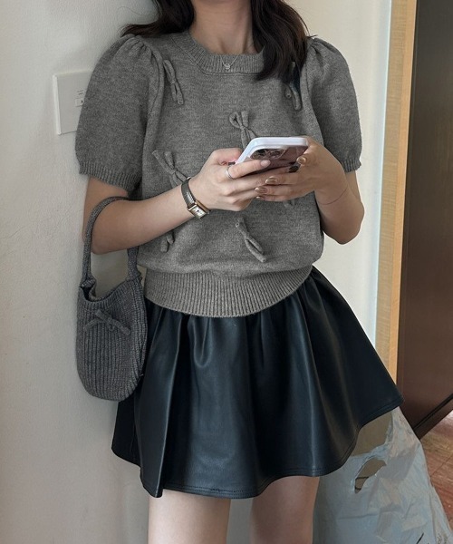 Miniministore(ミニミニストア)の「リボン付きニットトップスクルーネック夏服(ニット/セーター・レディース・グレー/アイボリー/ネイビー/ミント/ラベンダー・FREE)」の2枚目の写真