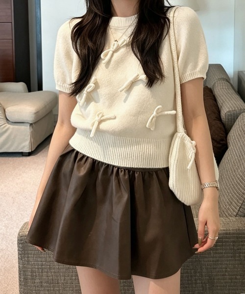 Miniministore(ミニミニストア)の「リボン付きニットトップスクルーネック夏服(ニット/セーター・レディース・グレー/アイボリー/ネイビー/ミント/ラベンダー・FREE)」の1枚目の写真