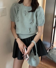 リボン付きニットトップスクルーネック夏服