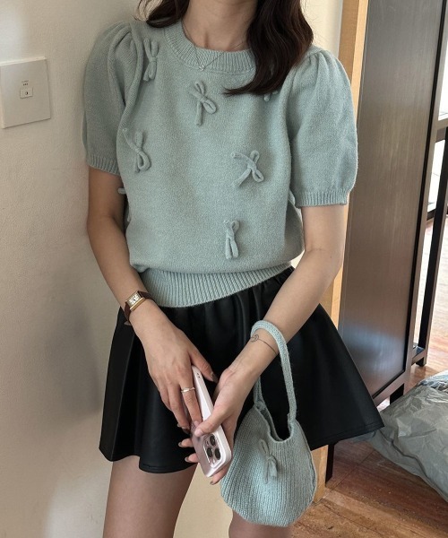 Miniministore(ミニミニストア)の「リボン付きニットトップスクルーネック夏服(ニット/セーター・レディース・グレー/アイボリー/ネイビー/ミント/ラベンダー・FREE)」の3枚目の写真