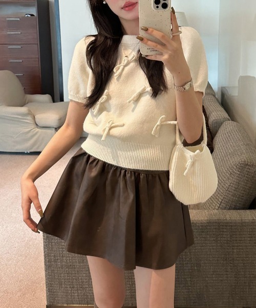 Miniministore(ミニミニストア)の「リボン付きニットトップスクルーネック夏服(ニット/セーター・レディース・グレー/アイボリー/ネイビー/ミント/ラベンダー・FREE)」の6枚目の写真