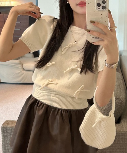 Miniministore(ミニミニストア)の「リボン付きニットトップスクルーネック夏服(ニット/セーター・レディース・グレー/アイボリー/ネイビー/ミント/ラベンダー・FREE)」の7枚目の写真