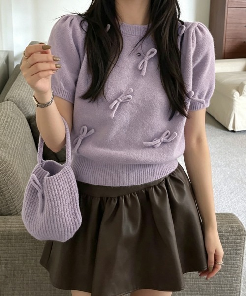 Miniministore(ミニミニストア)の「リボン付きニットトップスクルーネック夏服(ニット/セーター・レディース・グレー/アイボリー/ネイビー/ミント/ラベンダー・FREE)」の16枚目の写真