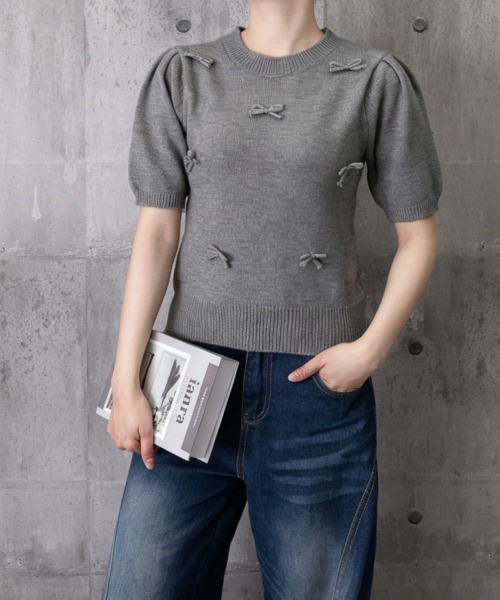 Miniministore(ミニミニストア)の「リボン付きニットトップスクルーネック夏服(ニット/セーター・レディース・グレー/アイボリー/ネイビー/ミント/ラベンダー・FREE)」の21枚目の写真