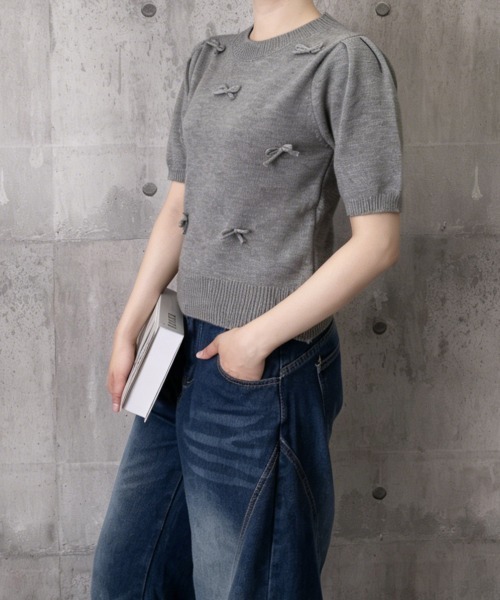 Miniministore(ミニミニストア)の「リボン付きニットトップスクルーネック夏服(ニット/セーター・レディース・グレー/アイボリー/ネイビー/ミント/ラベンダー・FREE)」の22枚目の写真