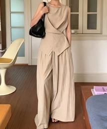 リボンノースリーブトップス+ワイドパンツセットアップ
