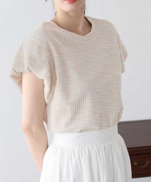 BLUEEAST(ブルーイースト)の「バルーンスリーブツイードTシャツ(Tシャツ/カットソー・レディース・ベージュ/グレー/ブラック・MEDIUM)」の4枚目の写真