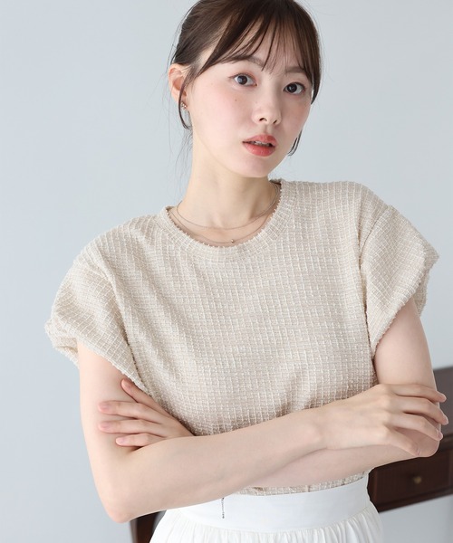 BLUEEAST(ブルーイースト)の「バルーンスリーブツイードTシャツ(Tシャツ/カットソー・レディース・ベージュ/グレー/ブラック・MEDIUM)」の8枚目の写真