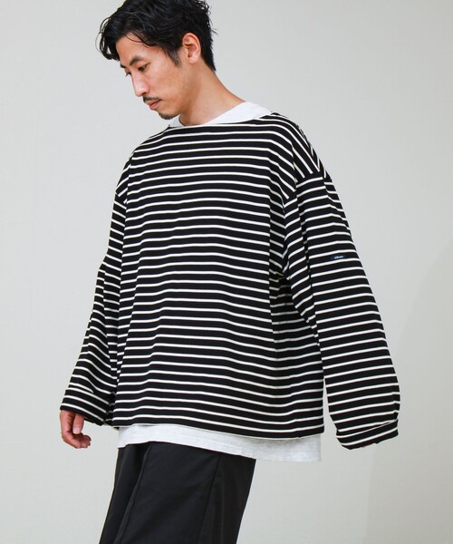 GLOSTER(グロスター)の「【ユニセックス】ワイドバスクシャツ ボートネック ボーダー オーバーサイズ(Tシャツ/カットソー・メンズ・ブラック系その他/ホワイト系その他/グリーン系その他・L/M/S)」の1枚目の写真
