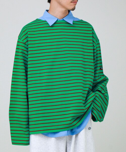 GLOSTER(グロスター)の「【ユニセックス】ワイドバスクシャツ ボートネック ボーダー オーバーサイズ(Tシャツ/カットソー・メンズ・ブラック系その他/ホワイト系その他/グリーン系その他・L/M/S)」の3枚目の写真