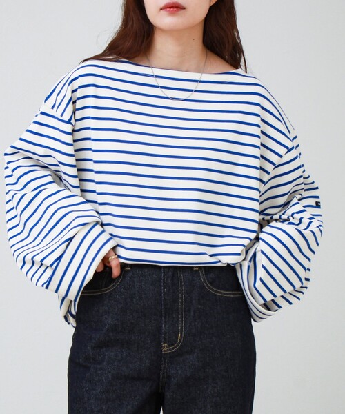 GLOSTER(グロスター)の「【ユニセックス】ワイドバスクシャツ ボートネック ボーダー オーバーサイズ(Tシャツ/カットソー・メンズ・ブラック系その他/ホワイト系その他/グリーン系その他・L/M/S)」の4枚目の写真