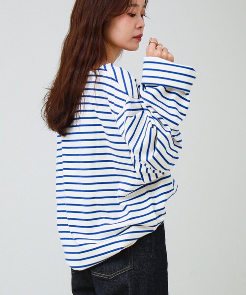 GLOSTER(グロスター)の「【ユニセックス】ワイドバスクシャツ ボートネック ボーダー オーバーサイズ(Tシャツ/カットソー・メンズ・ブラック系その他/ホワイト系その他/グリーン系その他・L/M/S)」の5枚目の写真