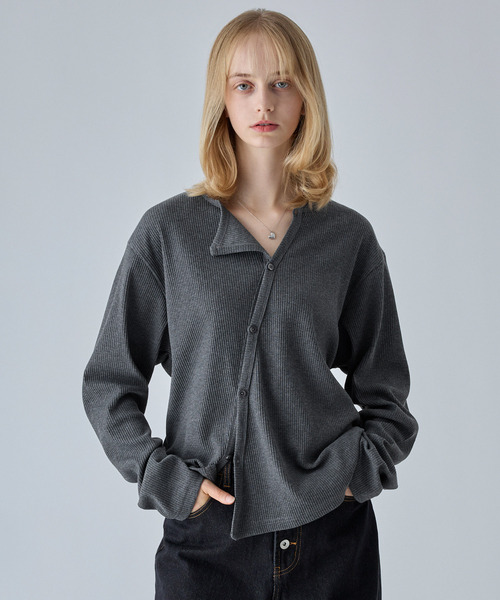 VELNUS(ベルナス)の「【VELNUS】Asymmetrical Rib Knit Cardigan/アシンメトリーリブニットカーディガン(カーディガン/ボレロ・メンズ・ネイビー/チャコールグレー・L/S/M)」の1枚目の写真