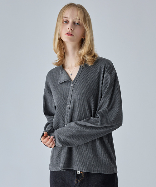 VELNUS(ベルナス)の「【VELNUS】Asymmetrical Rib Knit Cardigan/アシンメトリーリブニットカーディガン(カーディガン/ボレロ・メンズ・ネイビー/チャコールグレー・L/S/M)」の7枚目の写真