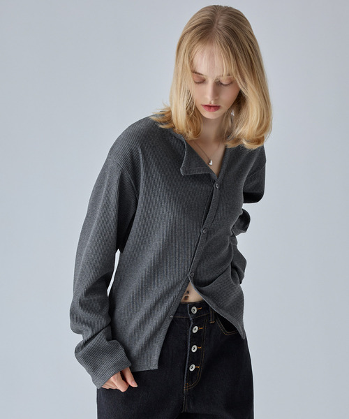 VELNUS(ベルナス)の「【VELNUS】Asymmetrical Rib Knit Cardigan/アシンメトリーリブニットカーディガン(カーディガン/ボレロ・メンズ・ネイビー/チャコールグレー・L/S/M)」の8枚目の写真