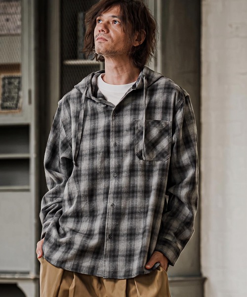 CAMBIO（カンビオ）の「ms6619- Hooded Ombre Check Flannel Shirt フーディーシャツ(AI-262-08)（シャツ/ブラウス・メンズ・ホワイト/ブラック/レッド・S/M/L）」の9枚目の写真