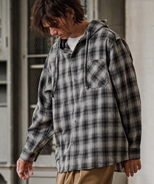 CAMBIO（カンビオ）の「ms6619- Hooded Ombre Check Flannel Shirt フーディーシャツ(AI-262-08)（シャツ/ブラウス・メンズ・ホワイト/ブラック/レッド・S/M/L）」の10枚目の写真