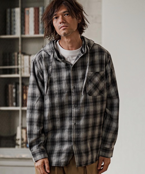 CAMBIO（カンビオ）の「ms6619- Hooded Ombre Check Flannel Shirt フーディーシャツ(AI-262-08)（シャツ/ブラウス・メンズ・ホワイト/ブラック/レッド・S/M/L）」の11枚目の写真